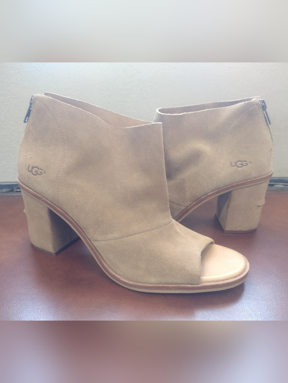 UGG Ginger Tan Suede Peep-Toe Block Heel Ankle Suede Booties